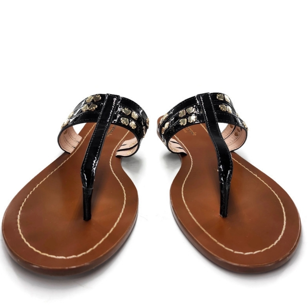 Kate Spade Carol Black Patent Leather Gold Spade Studs Slide-On Thong Sandals - Picture 4 of 11